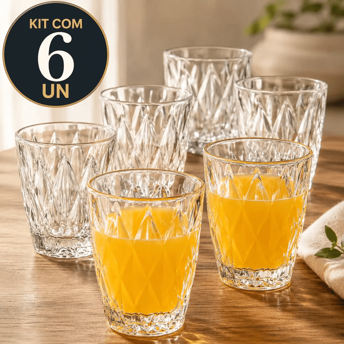 Jogo 6 Copos 300ML Grande Vidro Grosso Diamond Resistente Transparente Kit para Drink Água Suco Restaurante Diamante Sólar