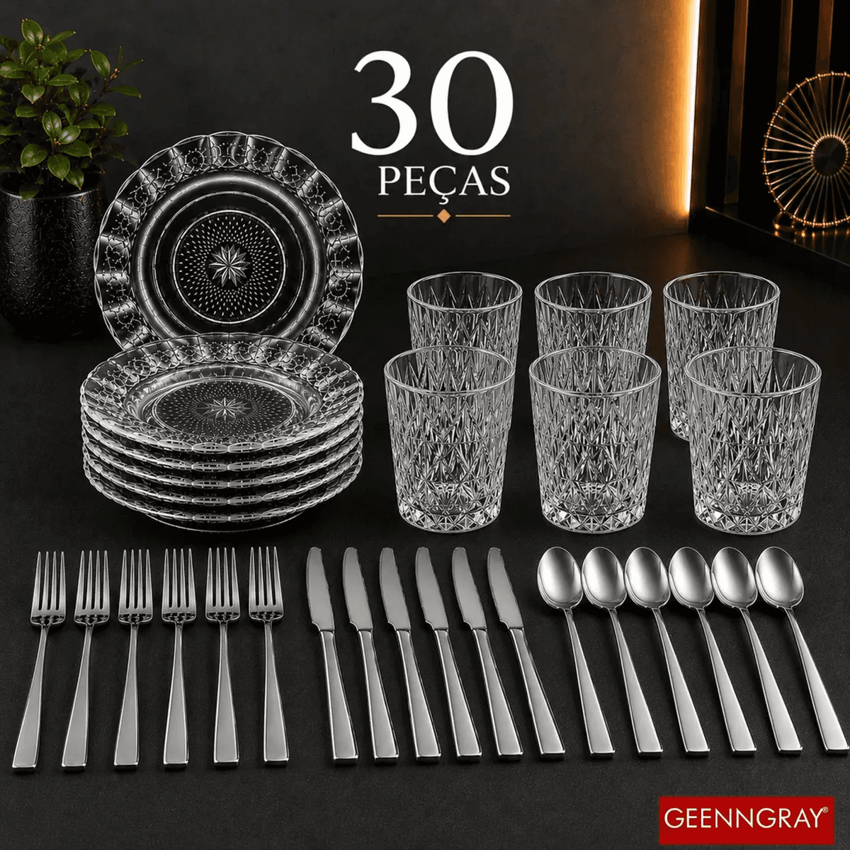 Jogo Kit 30 Peças Aparelho Jantar Completo Pratos Fundos Estrela + Copos Vidro Diamond + Talheres Inox Mesa Posta Geenngray