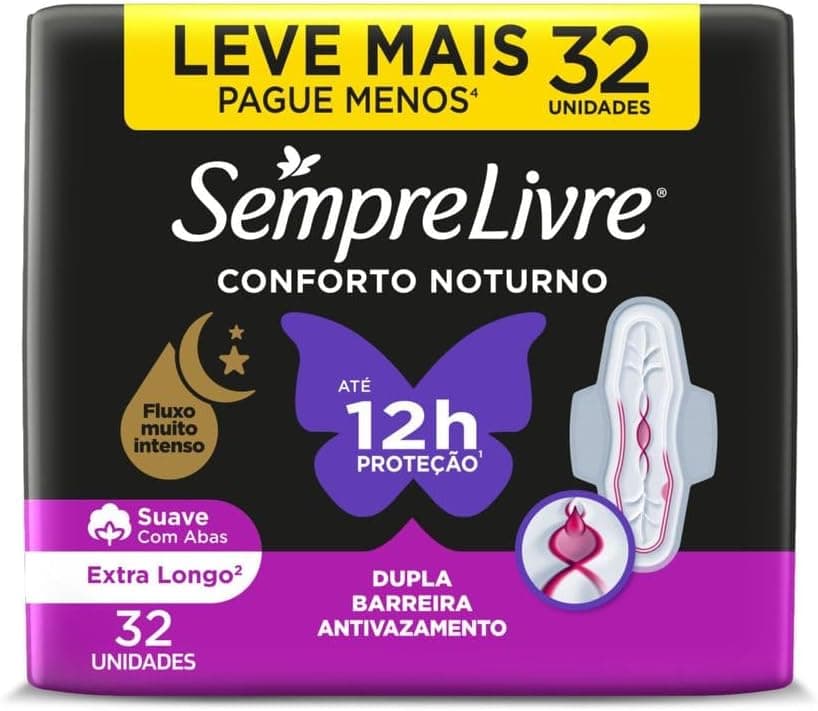 Absorvente Noturno com Abas Sempre Livre, Cobertura Suave, 32 Unidades