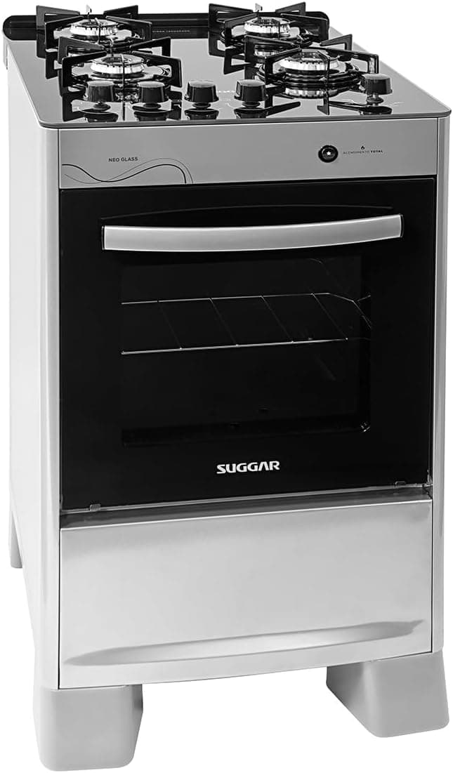 SUGGAR FOGÃO NEO GLASS PRATA MESA DE VIDRO 4 BOCAS TREMPE 6 APOIOS ACENDIMENTO AUTOMÁTICO FGVNG410PRIX
